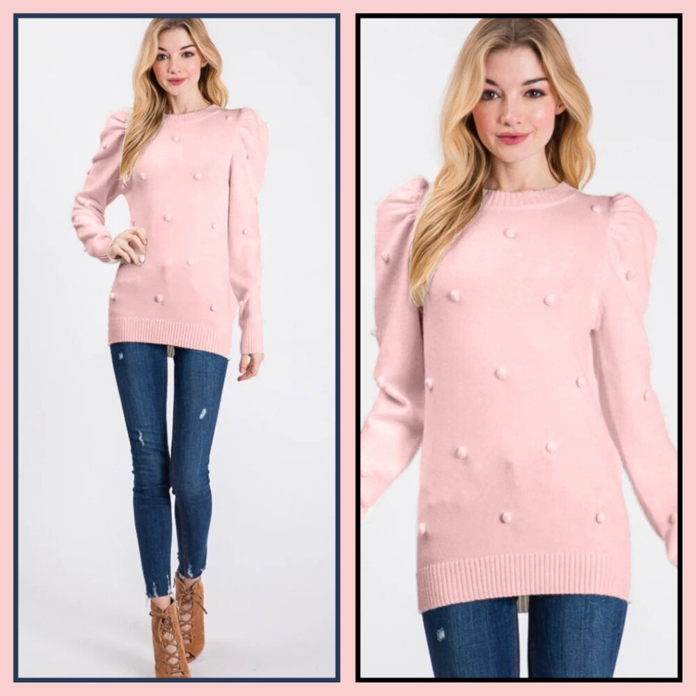 Aaron & Amber Light Pink Puff Sleeve Pom Pom Pullover Sweater (size M)